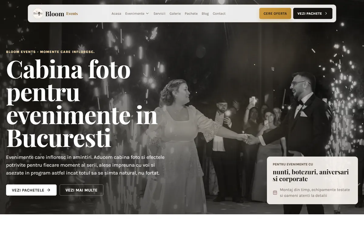 Site-ul Bloom Events pe desktop