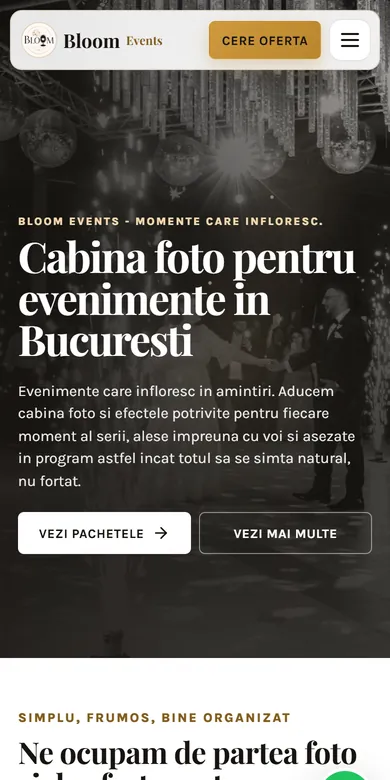 Site-ul Bloom Events pe telefon, realizat de Pixel & Cod
