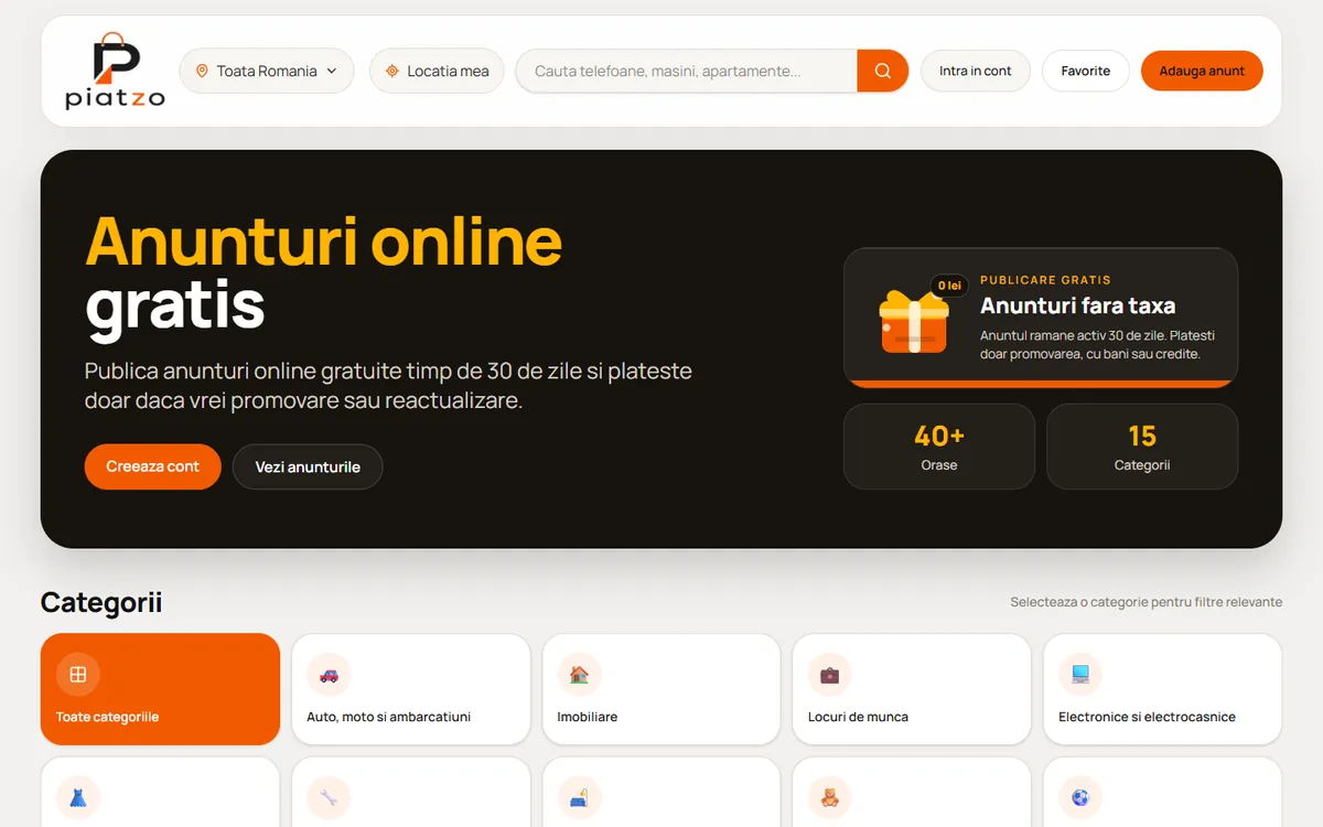 Pagina principală a platformei Piatzo, realizată de Pixel & Cod